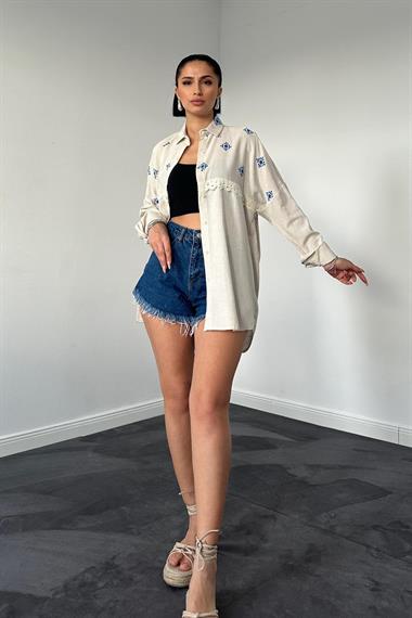 Toptan Mavi Garnili Dantelli Gömlek