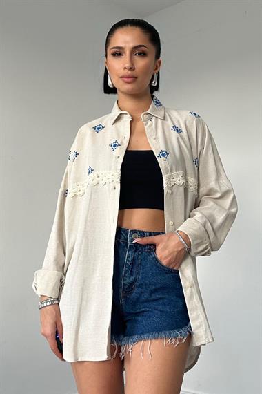 Toptan Mavi Garnili Dantelli Gömlek