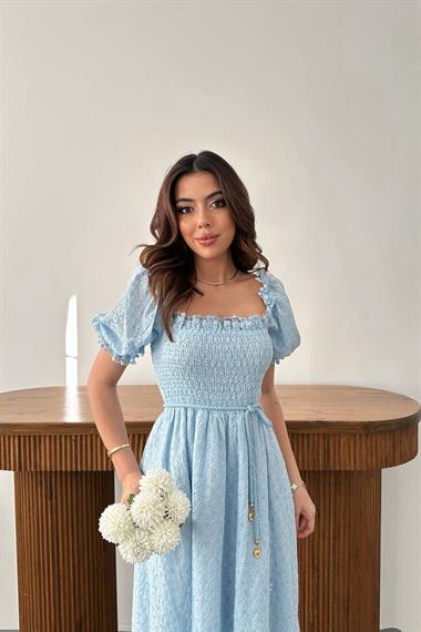 Toptan Mavi Gipeli Brode Elbise