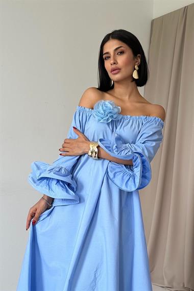 Toptan Mavi Gül Aksesuarlı Madonna Elbise