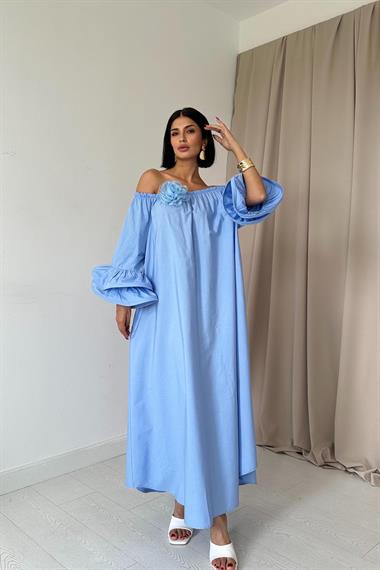 Toptan Mavi Gül Aksesuarlı Madonna Elbise