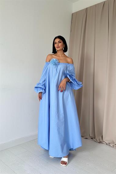 Toptan Mavi Gül Aksesuarlı Madonna Elbise