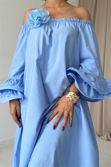 Toptan Mavi Gül Aksesuarlı Madonna Elbise