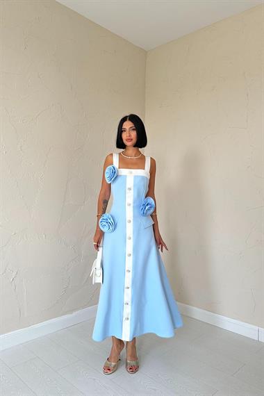 Toptan Mavi Güllü Askılı Elbise