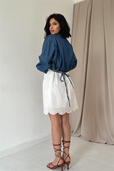 Toptan Mavi Güllü Brode Etekli Elbise