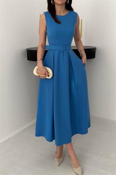 Toptan Mavi Halter Yaka Kloş Elbise