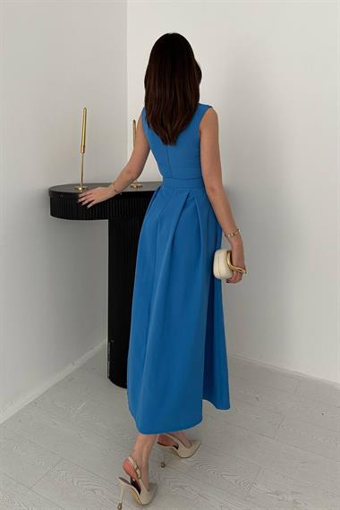 Toptan Mavi Halter Yaka Kloş Elbise