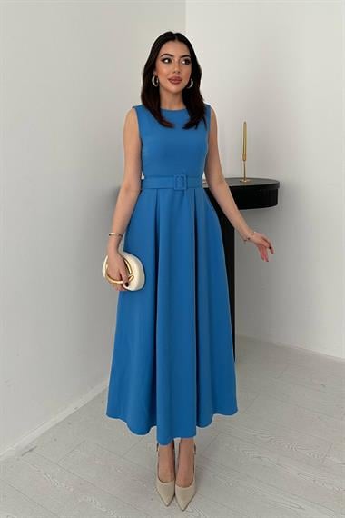 Toptan Mavi Halter Yaka Kloş Elbise