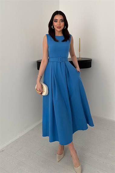 Toptan Mavi Halter Yaka Kloş Elbise