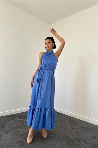 Toptan Mavi Halter Yaka Örgülü Elbise