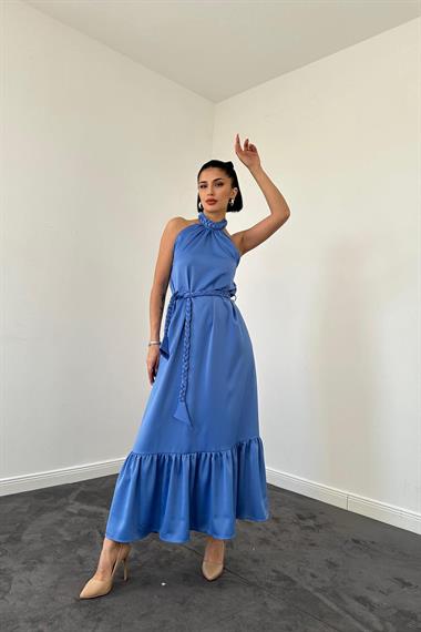 Toptan Mavi Halter Yaka Örgülü Elbise