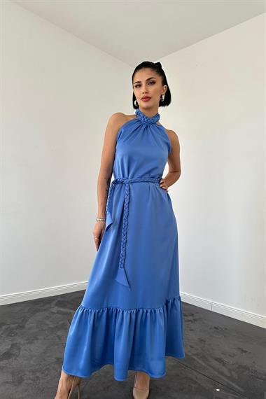 Toptan Mavi Halter Yaka Örgülü Elbise