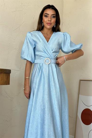 Toptan Mavi Işıltılı Kemerli Kruvaze Elbise