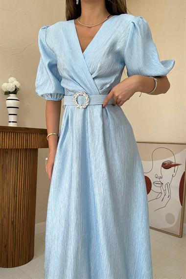 Toptan Mavi Işıltılı Kemerli Kruvaze Elbise