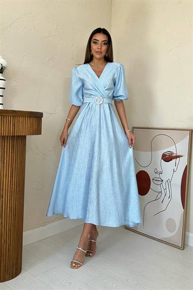 Toptan Mavi Işıltılı Kemerli Kruvaze Elbise