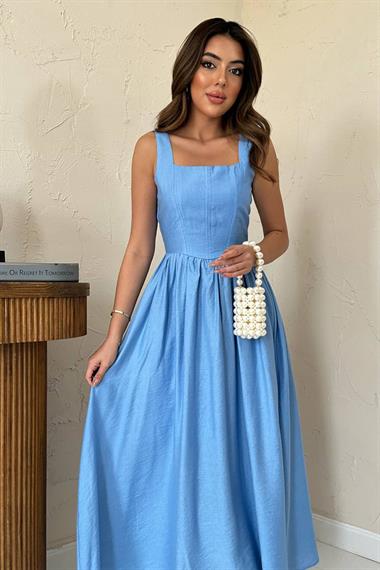 Toptan Mavi Kalın Keten Elbise