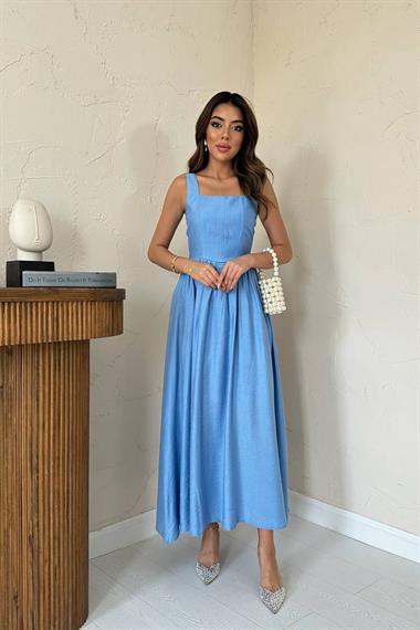 Toptan Mavi Kalın Keten Elbise