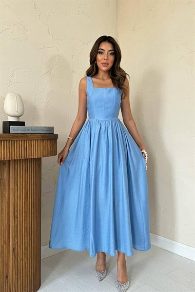 Toptan Mavi Kalın Keten Elbise