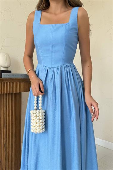 Toptan Mavi Kalın Keten Elbise