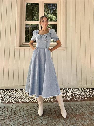 Toptan Mavi Kalp Yaka Kot Elbise