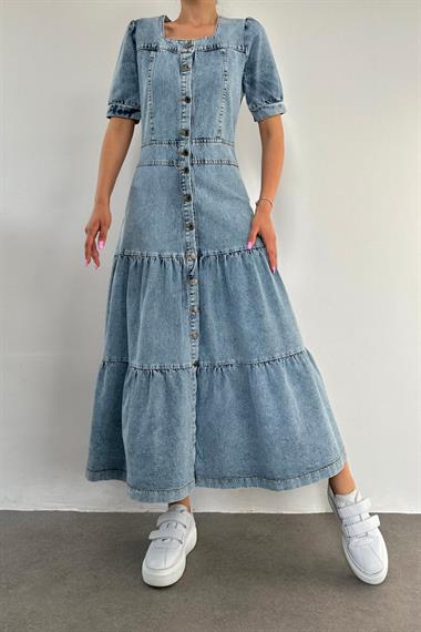 Toptan Mavi Kalp Yaka Kot Elbise