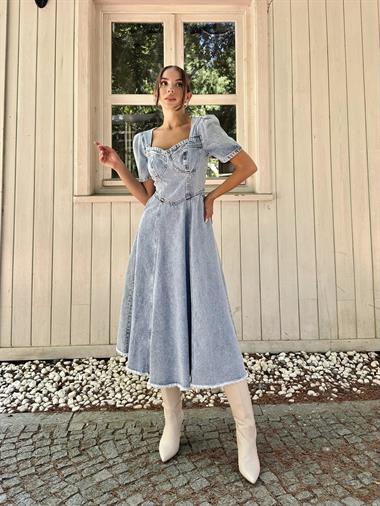 Toptan Mavi Kalp Yaka Kot Elbise