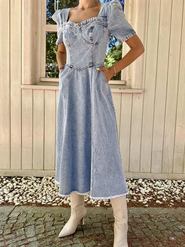 Toptan Mavi Kalp Yaka Kot Elbise