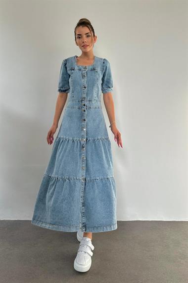 Toptan Mavi Kalp Yaka Kot Elbise