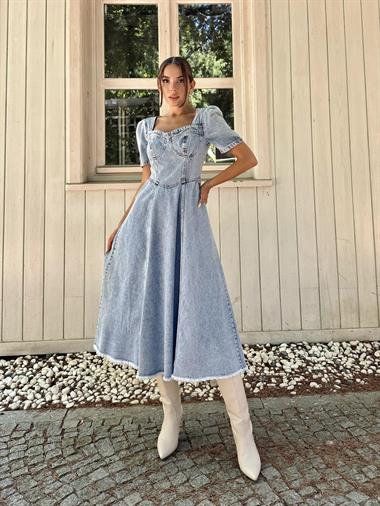 Toptan Mavi Kalp Yaka Kot Elbise