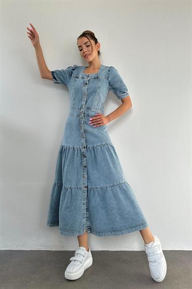 Toptan Mavi Kalp Yaka Kot Elbise