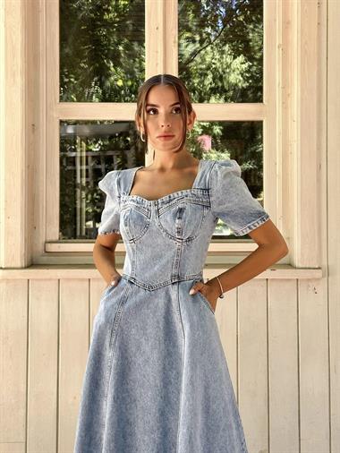 Toptan Mavi Kalp Yaka Kot Elbise