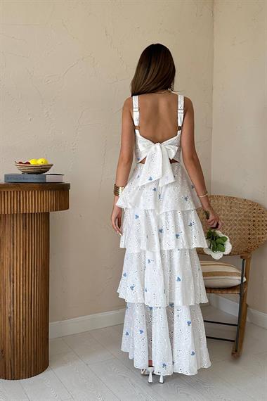 Toptan Mavi Kat Kat Arkası Bağlamalı Elbise