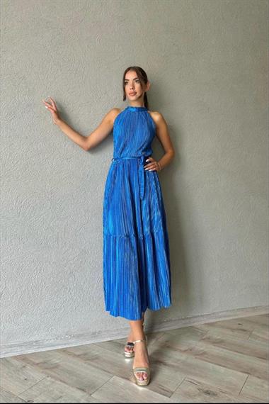 Toptan Mavi Kat Kat Halter Yaka Elbise