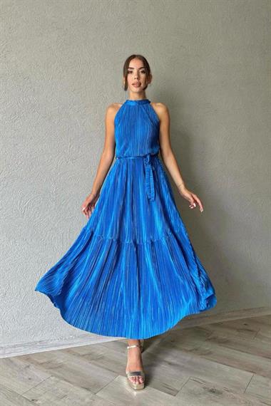 Toptan Mavi Kat Kat Halter Yaka Elbise