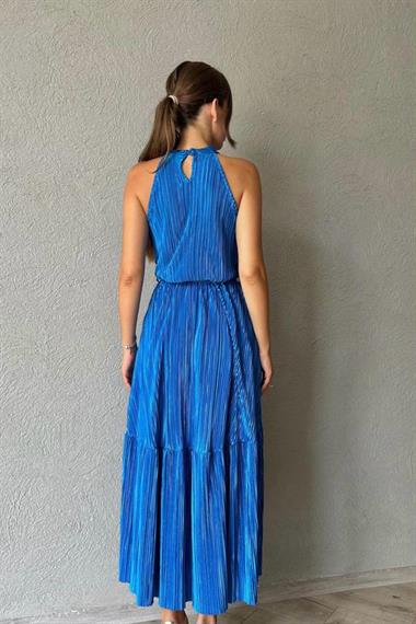 Toptan Mavi Kat Kat Halter Yaka Elbise