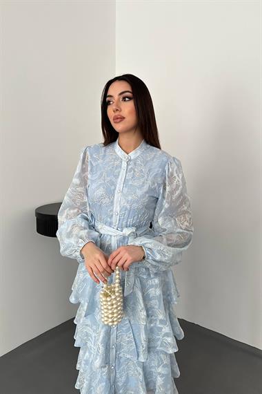 Toptan MAVİ Kat Kat Jakarlı Elbise