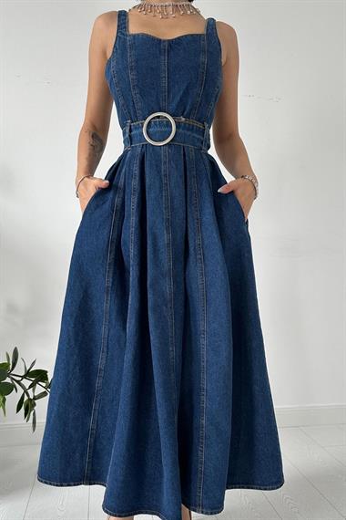 Toptan Mavi Kemer Tokalı Askılı Elbise