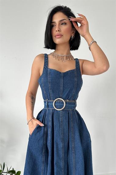 Toptan Mavi Kemer Tokalı Askılı Elbise