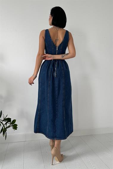 Toptan Mavi Kemer Tokalı Askılı Elbise
