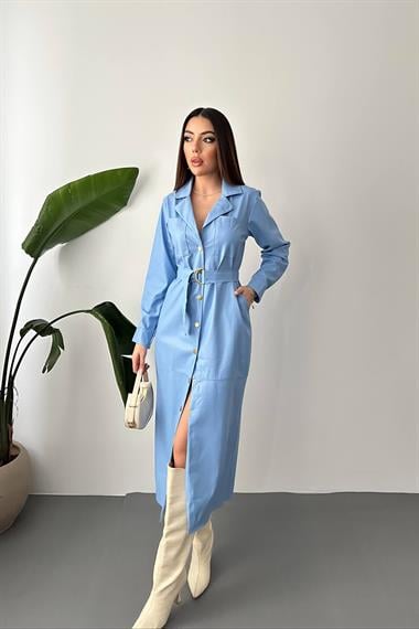 Toptan Mavi Kemerli Deri Elbise