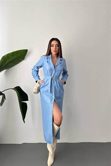 Toptan Mavi Kemerli Deri Elbise