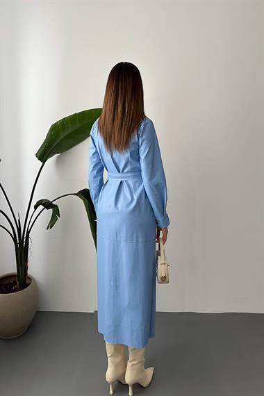 Toptan Mavi Kemerli Deri Elbise