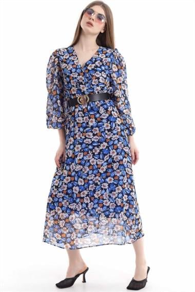 Toptan Mavi Kemerli Elbise