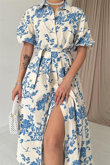 Toptan Mavi Kemerli Elbise