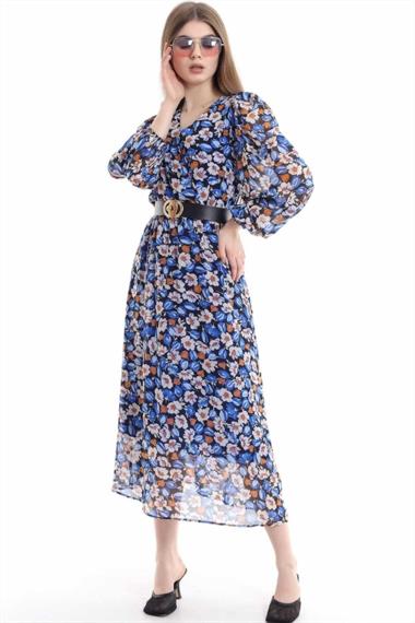 Toptan Mavi Kemerli Elbise