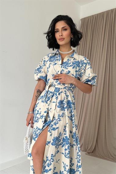 Toptan Mavi Kemerli Elbise