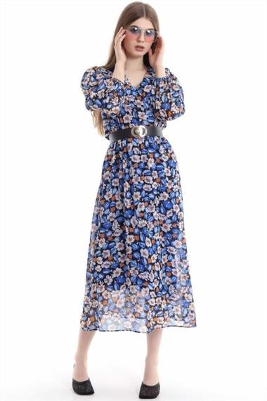 Toptan Mavi Kemerli Elbise