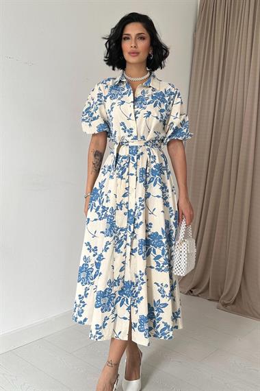 Toptan Mavi Kemerli Elbise