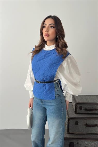 Toptan Mavi Kemerli Gömlek ve Panço Takım