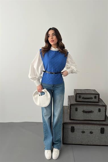 Toptan Mavi Kemerli Gömlek ve Panço Takım